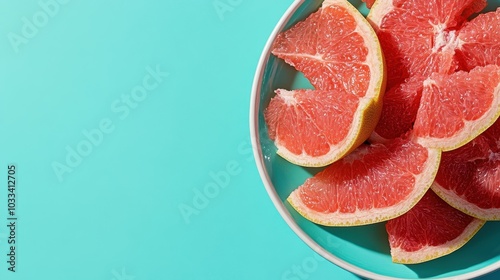 Slices of fresh grapefruit are artfully arranged on a turquoise plate, contrasting with the background, showcasing vibrant colors, textures, and a refreshing vibe. photo