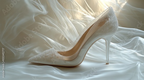 Elegant white high heel shoe on soft fabric background.