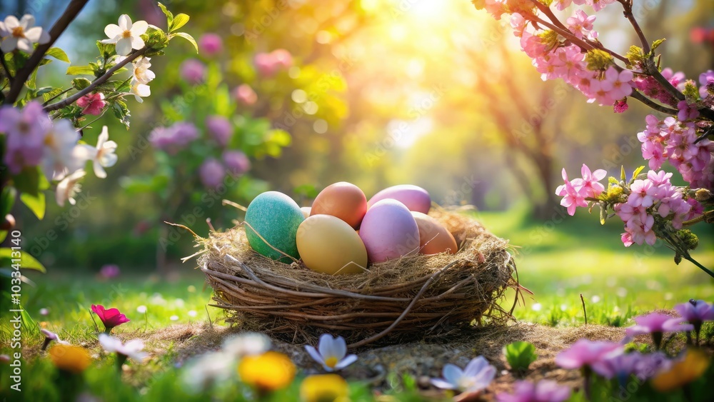 Beautiful Long Exposure of an Easter Nest in a Garden with Colorful Eggs and Spring Flowers, Capturing the Essence of Spring Celebrations and Nature's Beauty Beautiful Long Exposure of an Easter Nest in a Garden with Colorful Eggs and Spring Flowers, Capturing the Essence of Spring Celebrations and Nature's Beauty