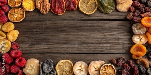 Flat lay arrangement featuring various dried fruits on a wooden surface, with space for text. Healthy lifestyle.