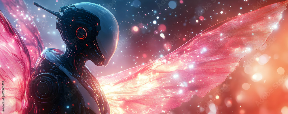 Futuristic Robot with Glowing Wings in a Sparkly Atmosphere Futuristic Robot with Glowing Wings in a Sparkly Atmosphere