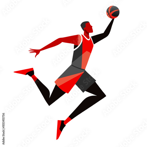 Dynamic Basketball Player:  A stylized illustration of a basketball player in mid-air, showcasing athleticism and dynamic movement. Red and black color scheme.