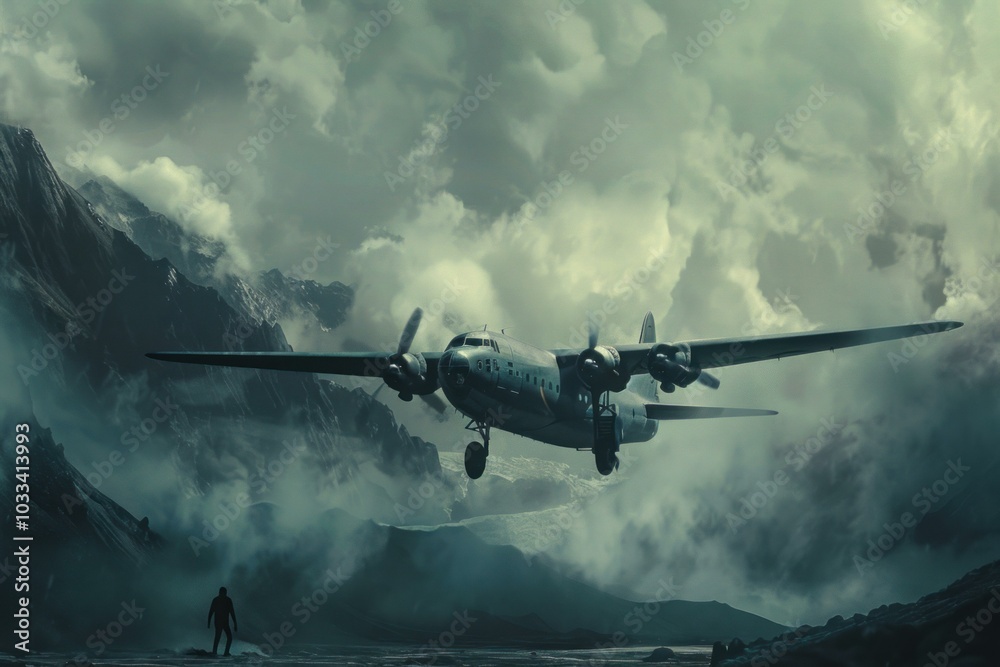 Airplane is flying low over mountains while a man watches from below Airplane is flying low over mountains while a man watches from below