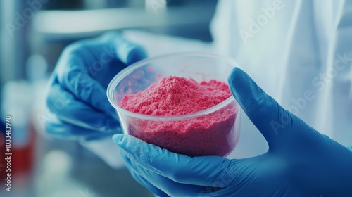 Crimson Powder Analysis: A scientist's gloved hands carefully hold a transparent container filled with vibrant crimson powder, symbolizing scientific research and discovery. 