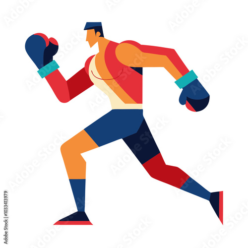 Boxer in Motion: A stylized illustration of a determined boxer in mid-stride, poised for action. Dynamic lines and bold colors capture the energy and power of the sport. 