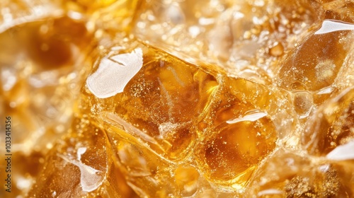 A detailed close-up of golden, amber-colored resin with a honey-like texture and brilliant sheen, highlighting its translucent and organic allure under close inspection. photo