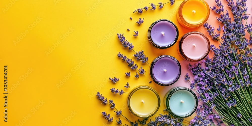 Fototapeta premium Candle making kit and lavender on a vibrant background from above, flat lay.