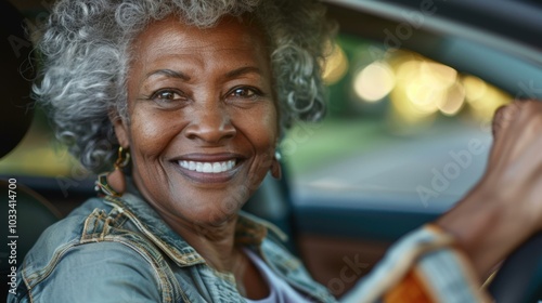 A woman smiles brightly as she drives. AI.