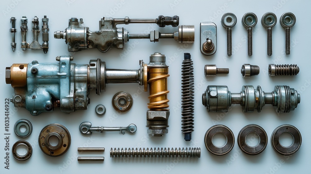 Collection of mechanical engine components arranged neatly. Collection of mechanical engine components arranged neatly.