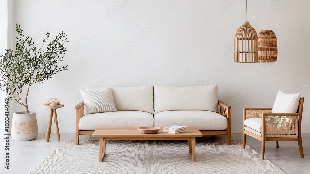 Fototapeta premium Minimalist Scandinavian living room with natural light, neutral colors, and cozy furnishings for a serene atmosphere.