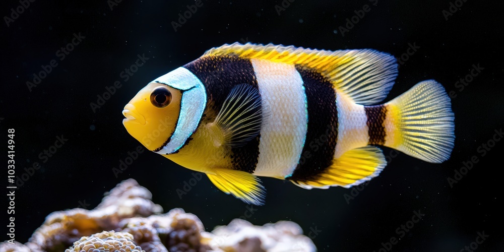 Naklejka premium Vibrant Yellow and Black Clownfish Swimming in Aquarium