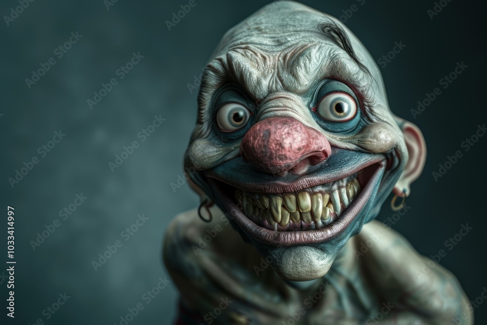 A close-up of a clown with a wide, toothy grin. AI.