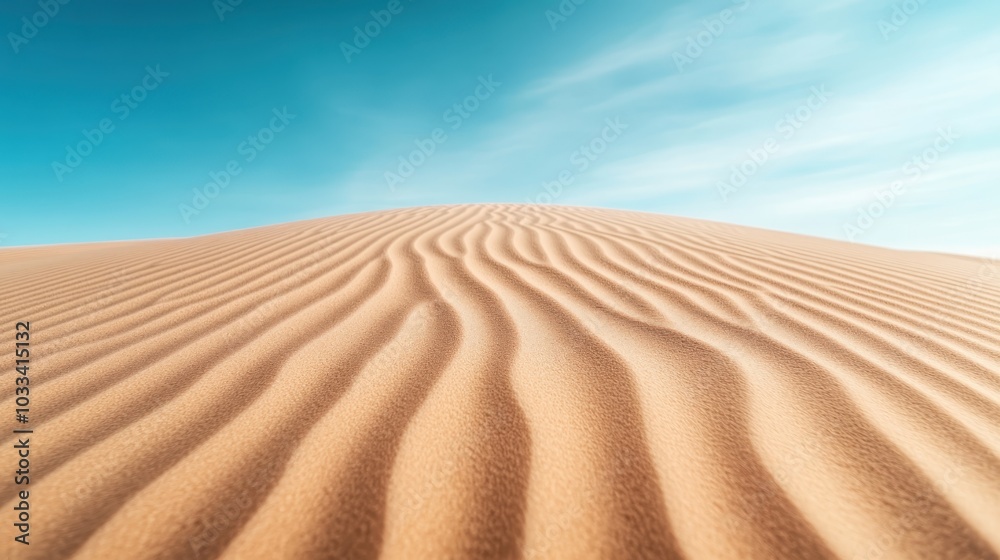 Naklejka premium A vast desert sand dune features smooth, flowing ripples under a bright, clear blue sky, evoking tranquility and the serene beauty of the natural world.