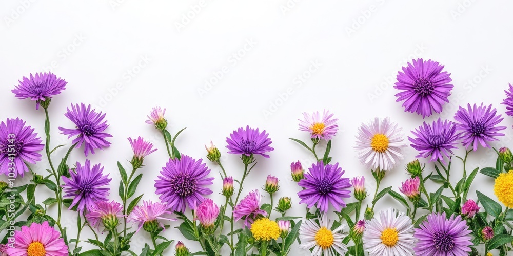 Beautiful asters with space for text on a white background, top view. Fall flowers Beautiful asters with space for text on a white background, top view. Fall flowers