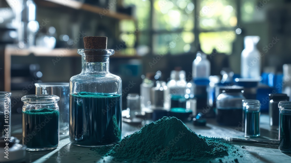 Teal Alchemy: Mysterious Teal Powders and Liquids in Glass Bottles on a Dark Table Teal Alchemy: Mysterious Teal Powders and Liquids in Glass Bottles on a Dark Table