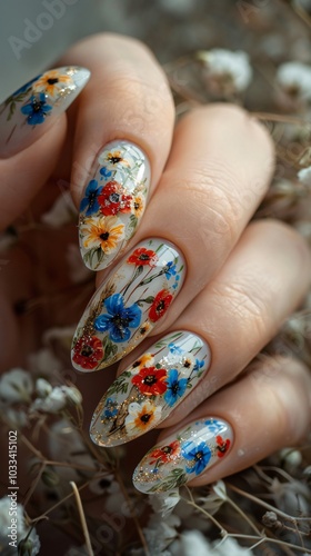 Beautiful nail art featuring intricate patterns on manicured nails, showcasing creativity and style. This image captures the elegance and artistry of modern nail design.