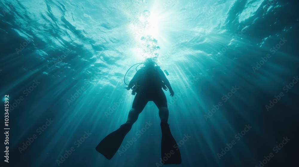 A scuba diver dramatically silhouetted against the intense bright sunlight, illuminating the serene mystery of ocean exploration and discovery of hidden depths. A scuba diver dramatically silhouetted against the intense bright sunlight, illuminating the serene mystery of ocean exploration and discovery of hidden depths.