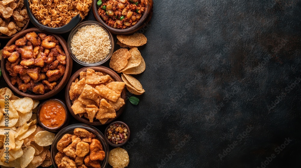 A diverse selection of fried foods displayed in different bowls and plates on a dark background, creating a tempting and mouthwatering visual feast. A diverse selection of fried foods displayed in different bowls and plates on a dark background, creating a tempting and mouthwatering visual feast.