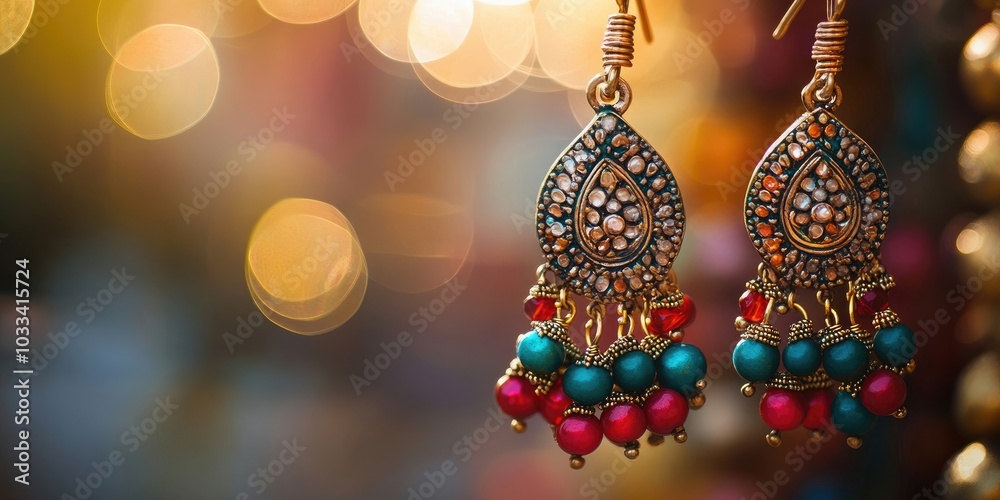 Obraz premium Traditional ethnic colorful earrings jewelry on a blurred background with copy space. Selective focus.