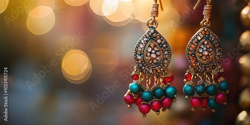 Traditional ethnic colorful earrings jewelry on a blurred background with copy space. Selective focus. photo