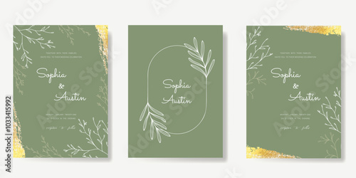 Luxury wedding invitation card vector template. Sage green background with gold foil texture, flower, leaves branches, foliage. Design illustration for vip cover, poster, rsvp modern card.