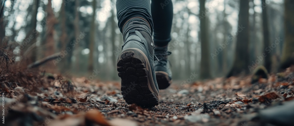 A person walking on a muddy trail surrounded by trees in a quiet forest during early morning hours A person walking on a muddy trail surrounded by trees in a quiet forest during early morning hours