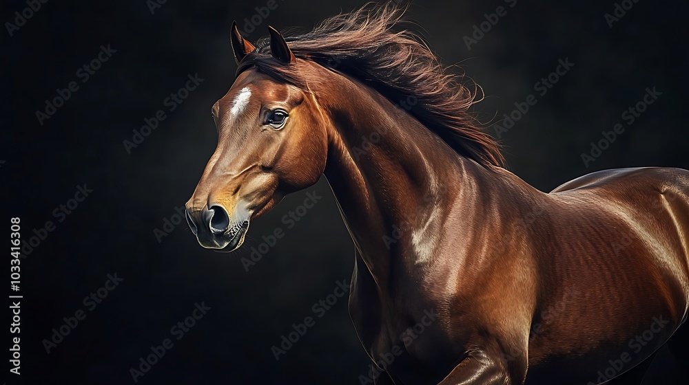 Fototapeta premium Powerful black horse racing with mane streaming in sunset wind