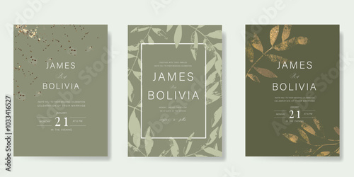 Luxury wedding invitation card vector template. Sage green background with gold foil texture, flower, leaves branches, foliage. Design illustration for vip cover, poster, rsvp modern card.