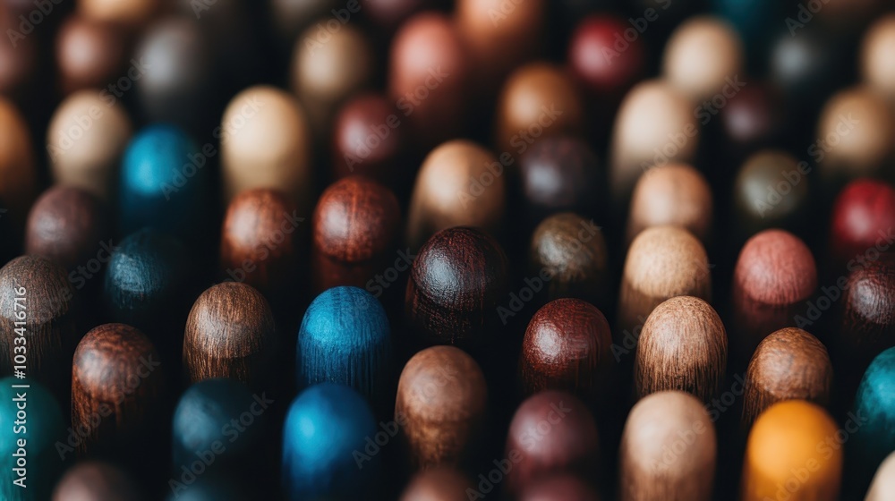 A collection of colorful wooden pegs in various vibrant shades, showcasing a spectrum of rich browns, blues, and natural tones, laid out in a captivating pattern. A collection of colorful wooden pegs in various vibrant shades, showcasing a spectrum of rich browns, blues, and natural tones, laid out in a captivating pattern.