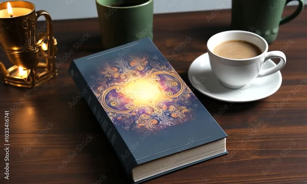 Mock-up commercial de livre avec couverture artistique posé sur une table en bois, accompagné d'une tasse de café, parfait pour la présentation de designs de couverture dans un cadre élégant