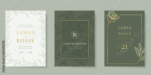 Luxury wedding invitation card vector template. Sage green background with gold line, flower, leaves branches, foliage. Design illustration for vip cover, poster, rsvp modern card.