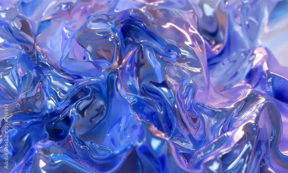Texture abstraite brillante de matière foil irisée dans des tons bleus et violets, capturant des reflets métalliques et fluides qui vibre et se transforme