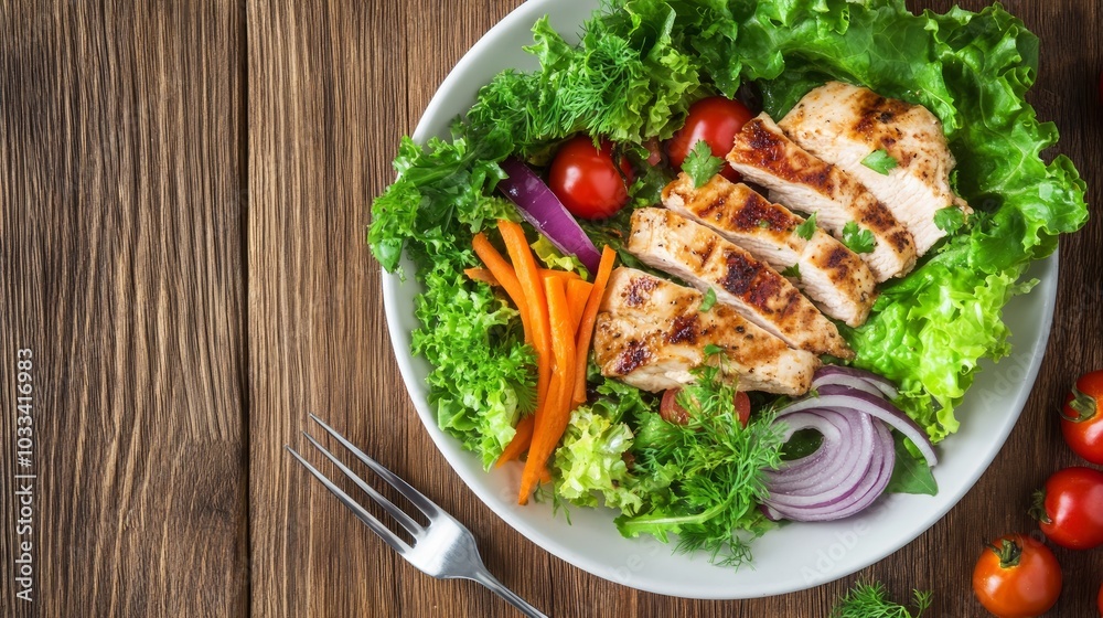 A white bowl filled with a fresh salad with grilled chicken, lettuce, tomatoes, carrots, and red onion on a wooden table. A white bowl filled with a fresh salad with grilled chicken, lettuce, tomatoes, carrots, and red onion on a wooden table.
