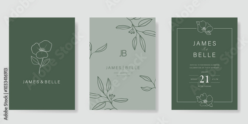 Luxury wedding invitation card vector template. Sage green background with flower, leaves branches, foliage line art. Design illustration for vip cover, poster, rsvp modern card.