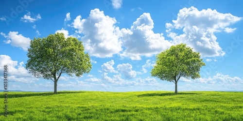 Spring view of a picturesque landscape featuring a green meadow and two trees under a sunny blue sky with clouds along the Atlantic coast.