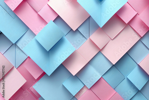 Abstract background with geometric shapes in pastel colors, featuring light blue and pink hues. The composition includes large paper sheets arranged to create an intricate pattern, giving the impressi photo