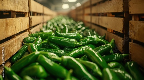 Stacks of fresh green chili peppers in wooden crates fill the scene, showcasing a vibrant, lively marketplace full of farm-fresh, spicy produce. photo