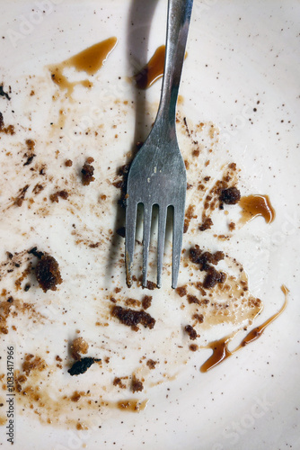 Empty Plate with Fork and Crumbs Reflecting Meal's End and Satisfaction photo