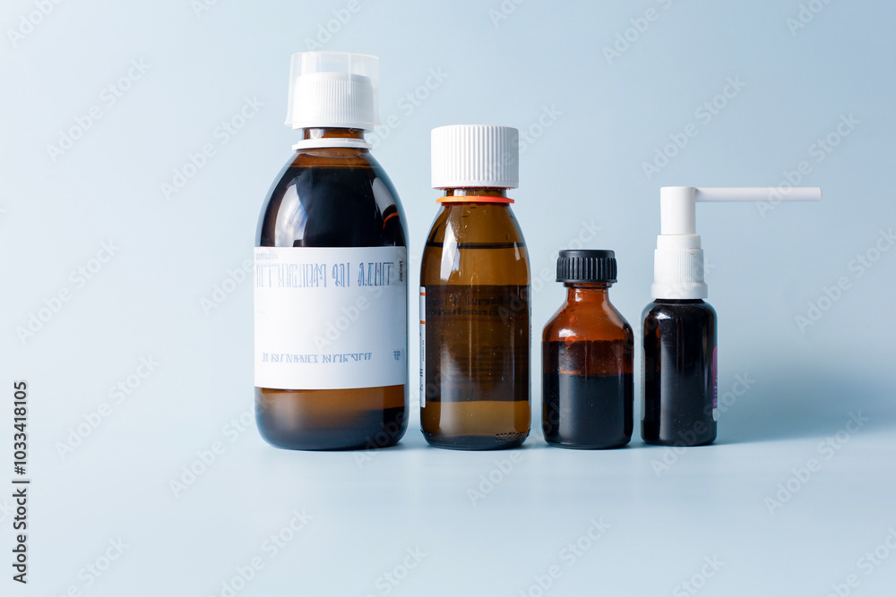 Seasonal diseases. Cold, runny nose, cough Medicines, spray and syrup, thermometer, pills, capsules on pastel background Seasonal diseases. Cold, runny nose, cough Medicines, spray and syrup, thermometer, pills, capsules on pastel background