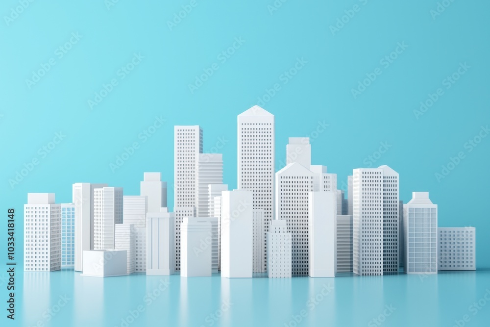 A modern city skyline made from white models against a vibrant blue background showcasing a clean minimalist architectural design A modern city skyline made from white models against a vibrant blue background showcasing a clean minimalist architectural design