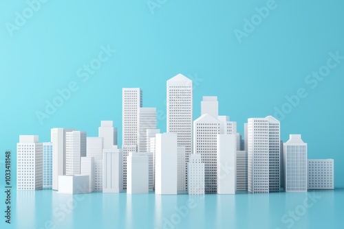 A modern city skyline made from white models against a vibrant blue background showcasing a clean minimalist architectural design