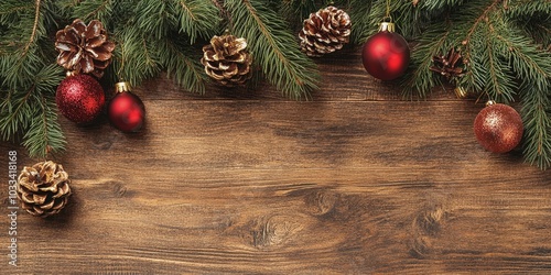 Christmas Greeting Card. Fir Branch and Decorations on a Plank. Christmas Fir Tree on a Wooden Background with Text. Copyspace. photo