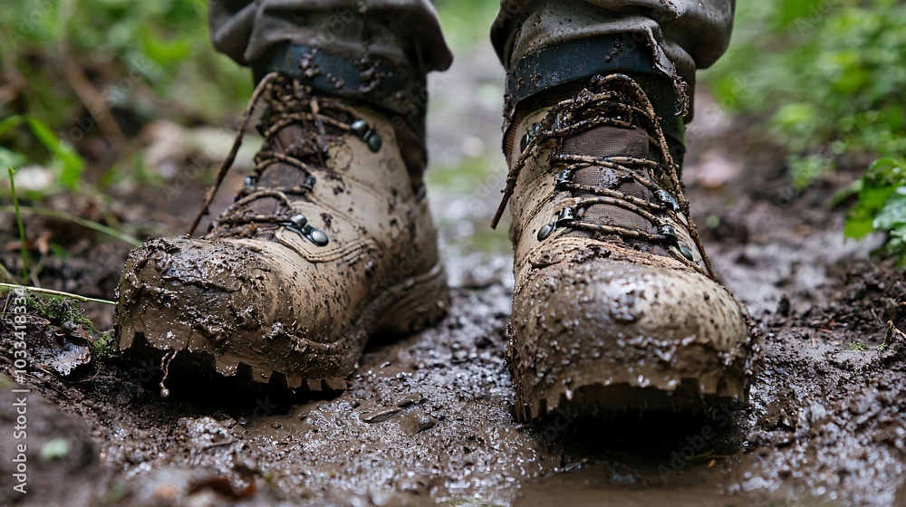 Hiker's boots covered in mud and dirt from the trail Hiker's boots covered in mud and dirt from the trail