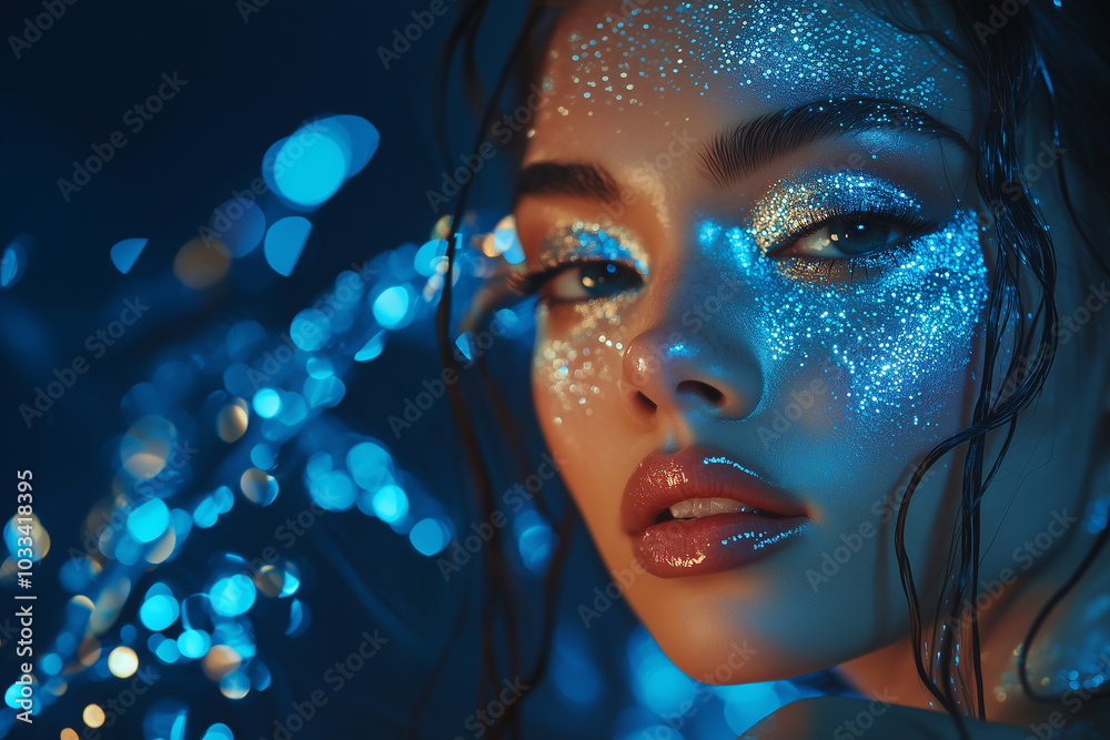 Fashion editorial Concept. Stunning beautiful woman high fashion striking shiny blue glitter shimmer sparkle makeup. illuminated with dynamic composition and dramatic lighting Fashion editorial Concept. Stunning beautiful woman high fashion striking shiny blue glitter shimmer sparkle makeup. illuminated with dynamic composition and dramatic lighting