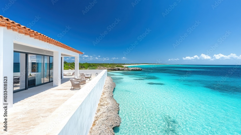 Obraz premium A modern white villa with a patio overlooking a turquoise ocean.