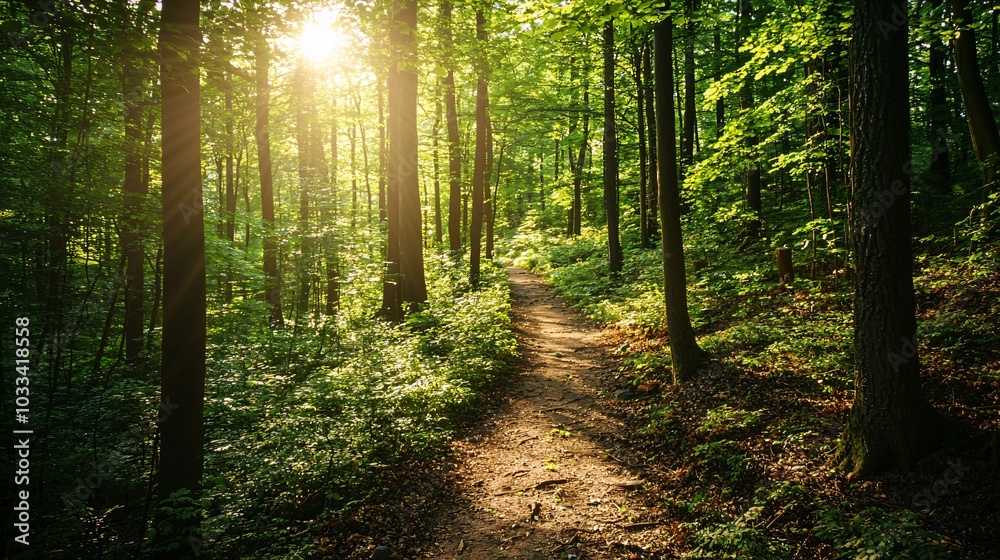 Fototapeta premium Hiker's point of view of narrow forest trail with sunbeams filtering through