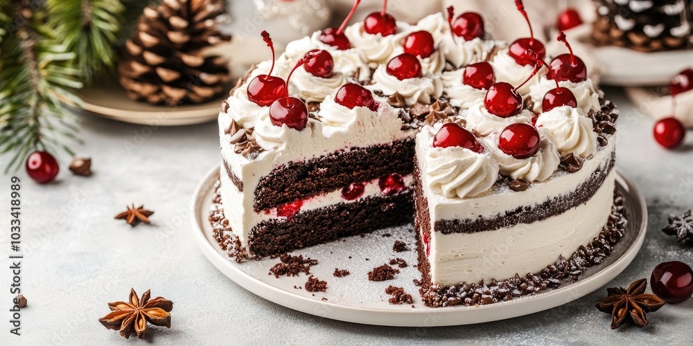 Black forest cake adorned with whipped cream and cherries on a light concrete table, slice of cake. Christmas cake. Black forest cake adorned with whipped cream and cherries on a light concrete table, slice of cake. Christmas cake.