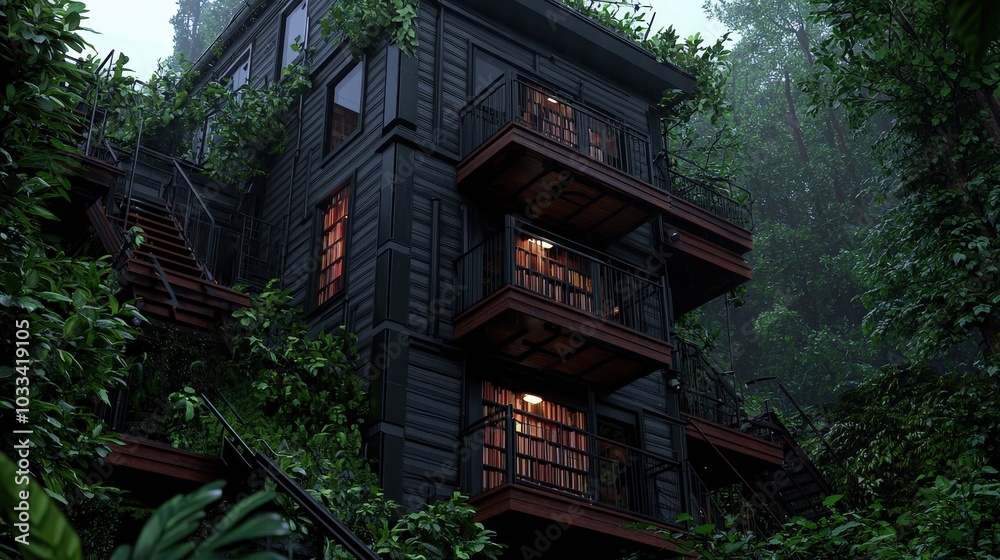 Mysterious Black House Overgrown with Foliage in the Forest Mysterious Black House Overgrown with Foliage in the Forest