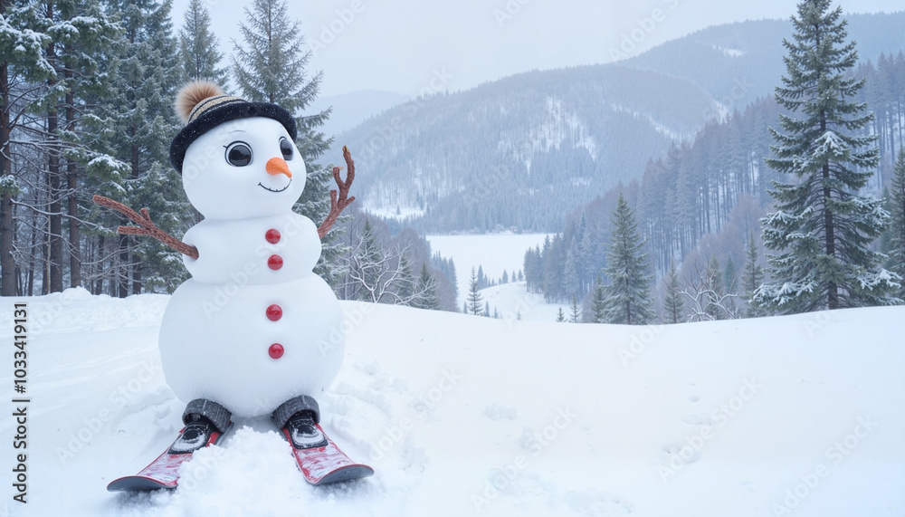 Obraz premium Snowman standing on skis