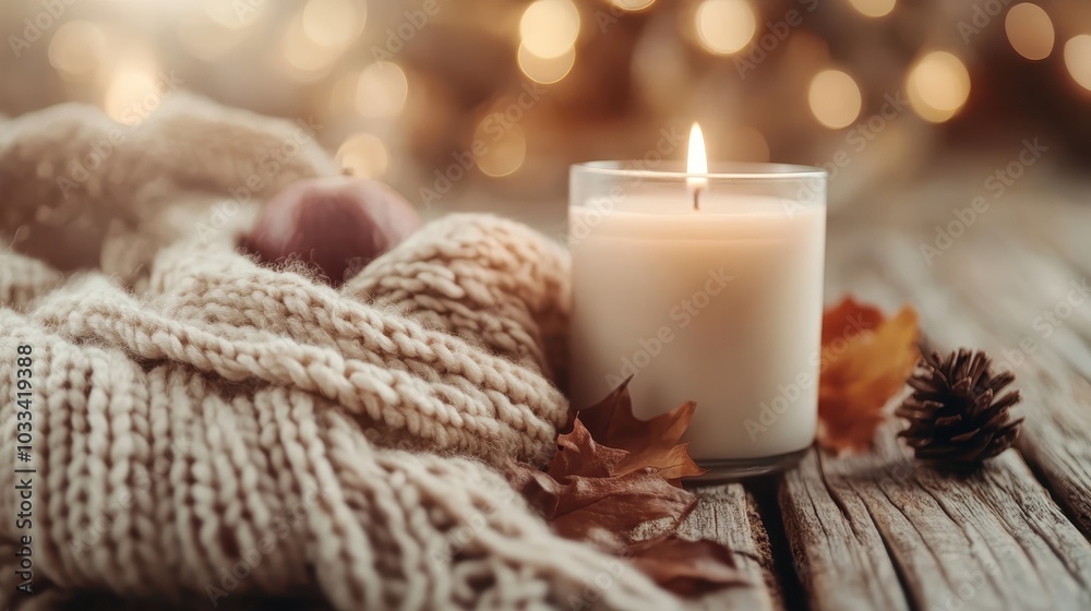 An autumnal landscape with a softly lit candle surrounded by a knitted blanket and fall leaves, creating a serene and tranquil ambience on a rustic surface. An autumnal landscape with a softly lit candle surrounded by a knitted blanket and fall leaves, creating a serene and tranquil ambience on a rustic surface.
